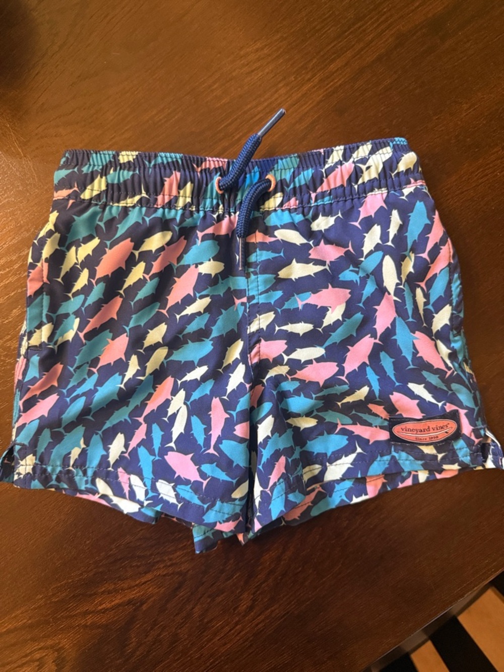 Vineyard Vines Navy Swim Shorts with Multicolor Shark Print